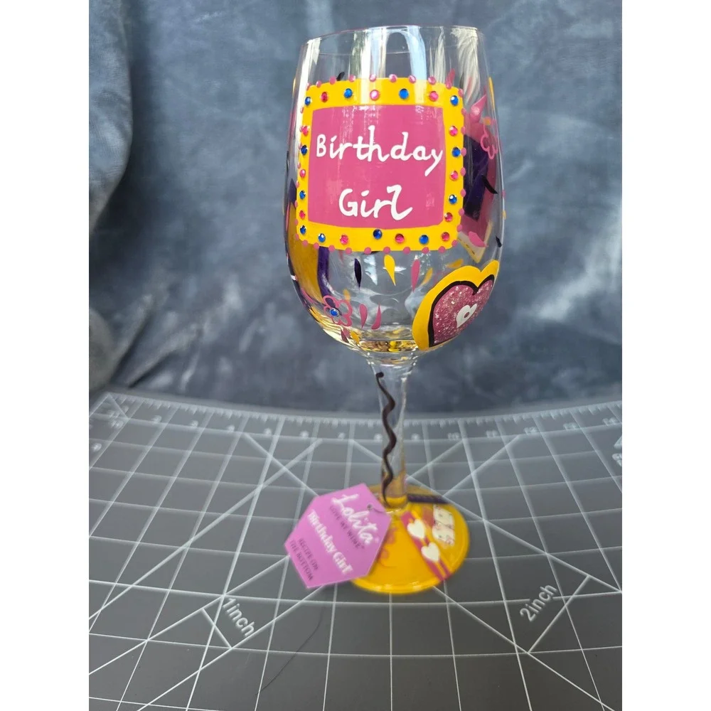 Lolita Love My Wine Birthday Girl Hand Painted Wine Glass with Recipe NWT 9in
